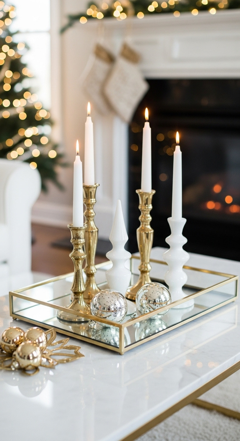 White and gold Christmas decor coffee table mirrored tray shimmering gold candlesticks mercury glass finials festive living room