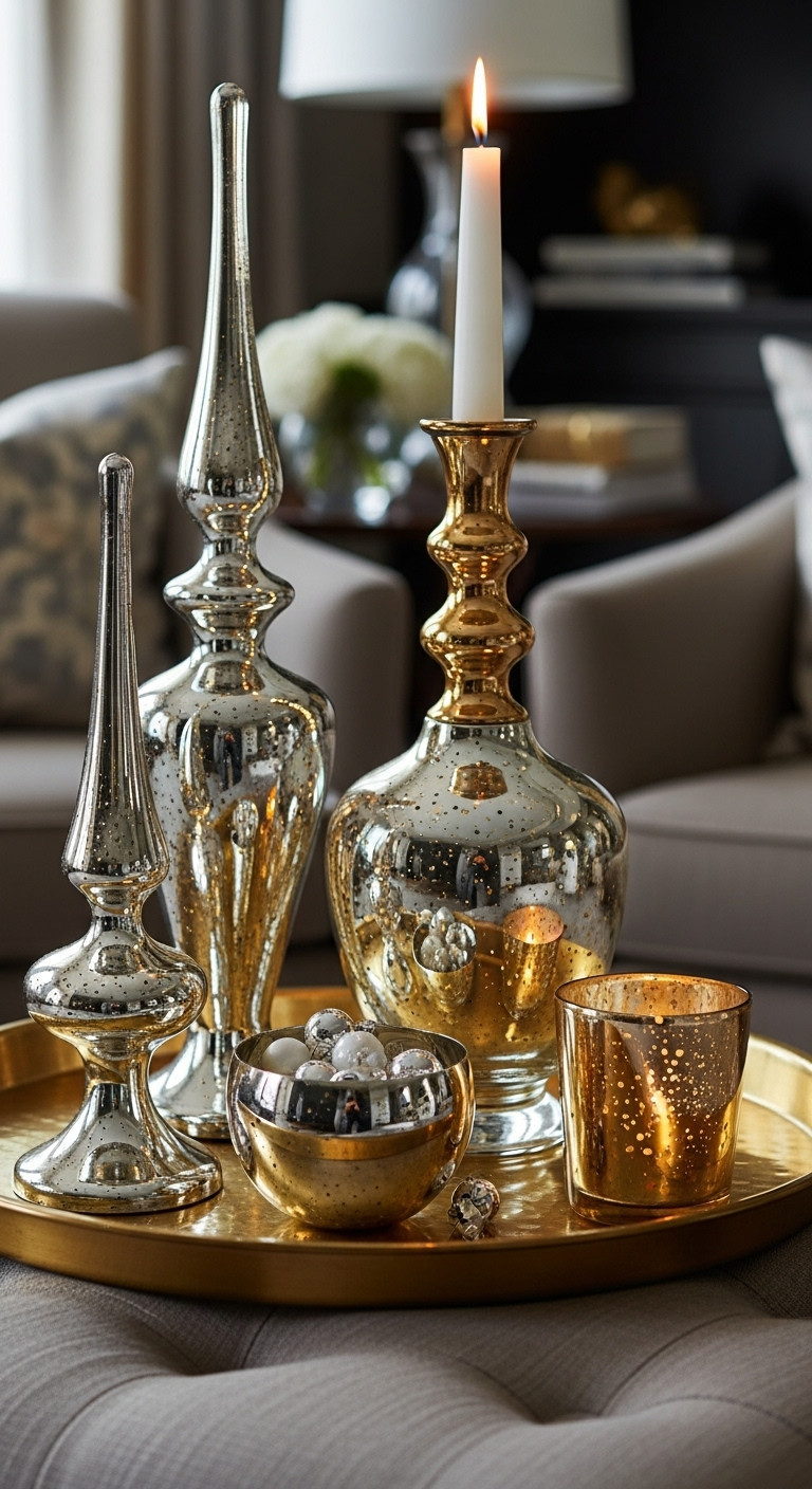 White and gold Christmas decor coffee table rich textures mixed metallics mercury glass finial silver bowl gold votive elegant luxurious