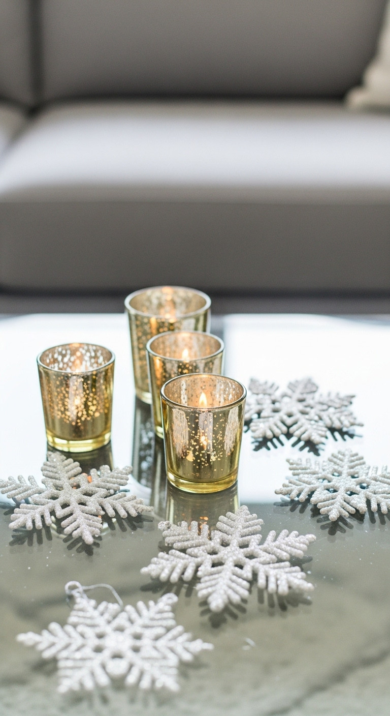 White and gold Christmas decor coffee table snowflakes votives glass table sparkling elegant festive holiday styling