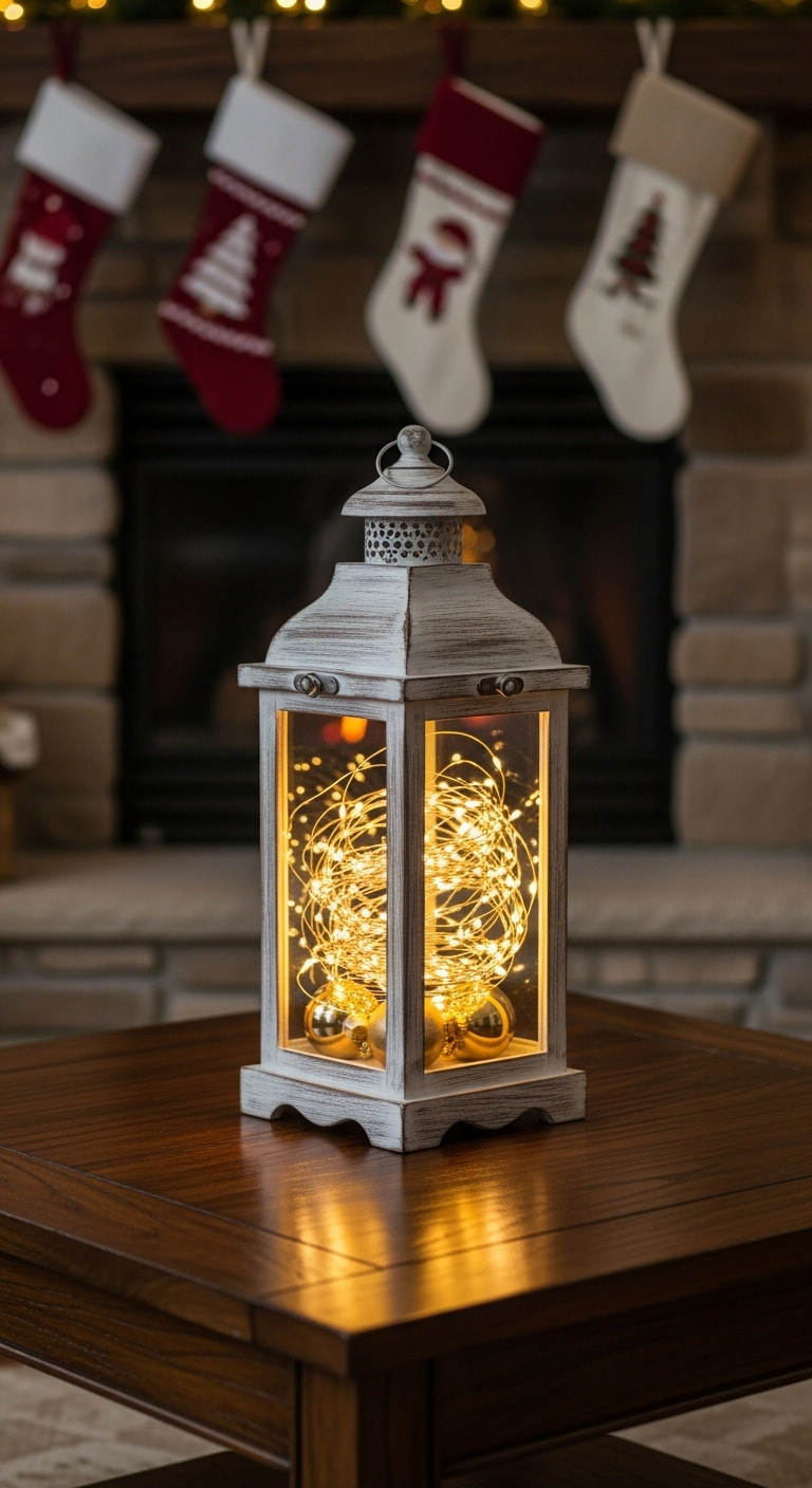White and gold Christmas decor coffee table vintage lantern glimmering lights fairy lights gold ornaments distressed white festive glow