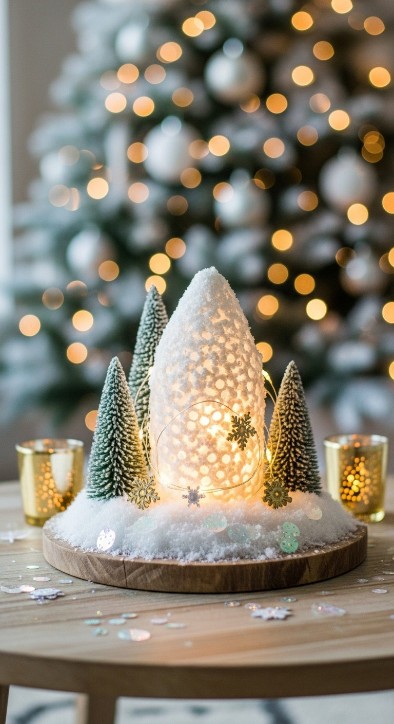 White and gold Christmas decor coffee table winter wonderland vignette faux snow fairy lights gold votives snowflake sequins cozy festive