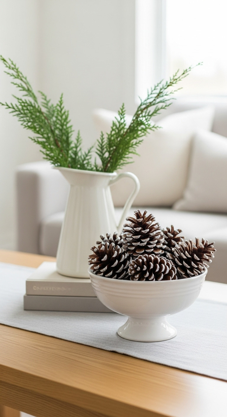 White ceramic bowl filled with frosted pinecones on a light oak coffee table with cedar sprigs and books in a minimalist room
