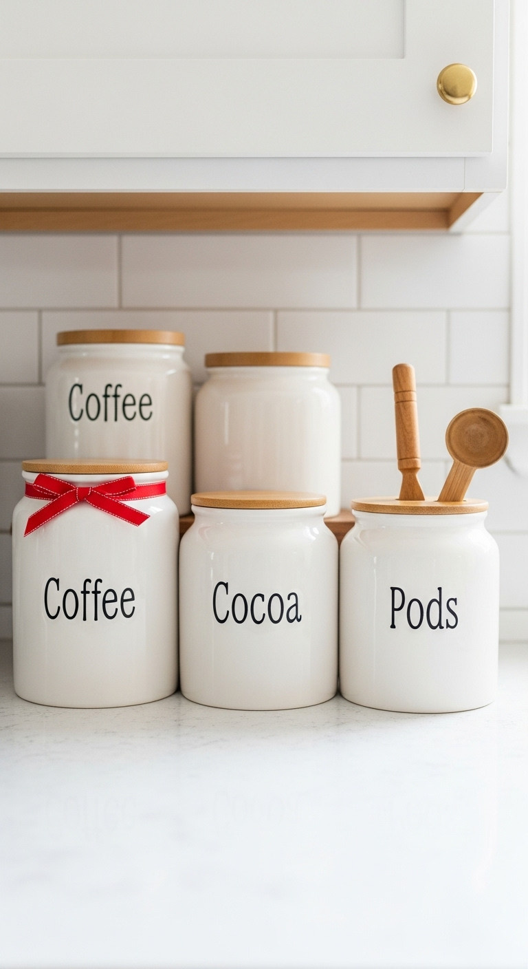 White ceramic farmhouse canisters labeled Coffee Cocoa and Pods on a light grey quartz countertop