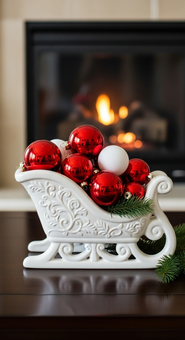 White ceramic sleigh filled with shiny red ball ornaments on a dark espresso coffee table with pine greenery and a blurred fireplace