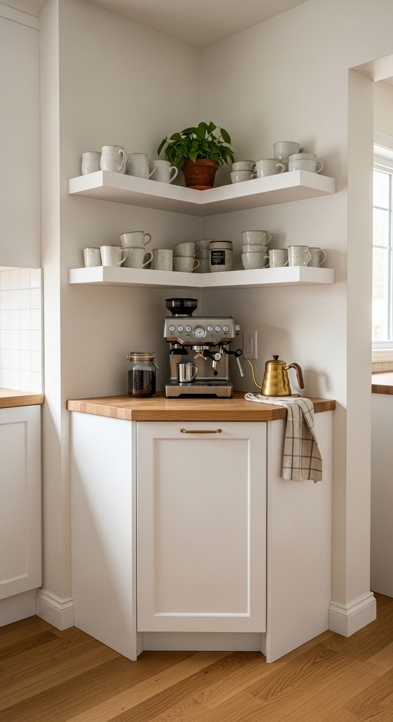 White corner coffee bar cabinet with butcher block top espresso machine and floating shelves with mugs in a bright kitchen