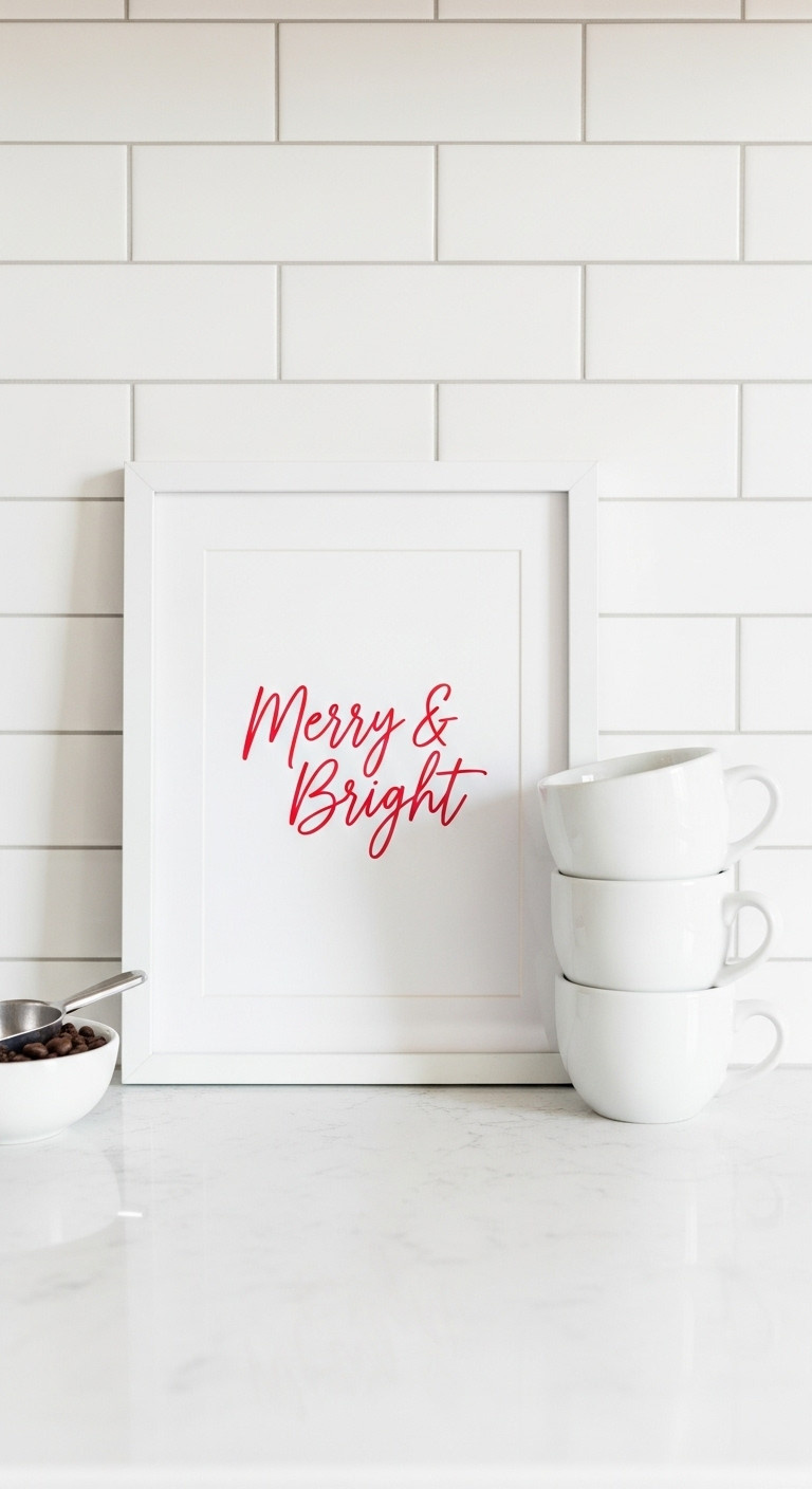 White frame with Merry and Bright art behind white espresso cups on a light grey quartz countertop