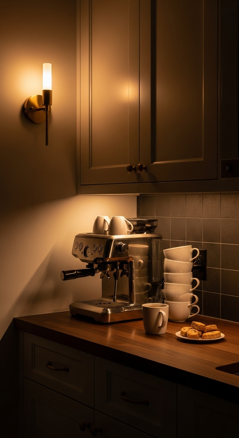 White kitchen coffee bar with modern shaker cabinets espresso machine and open shelving