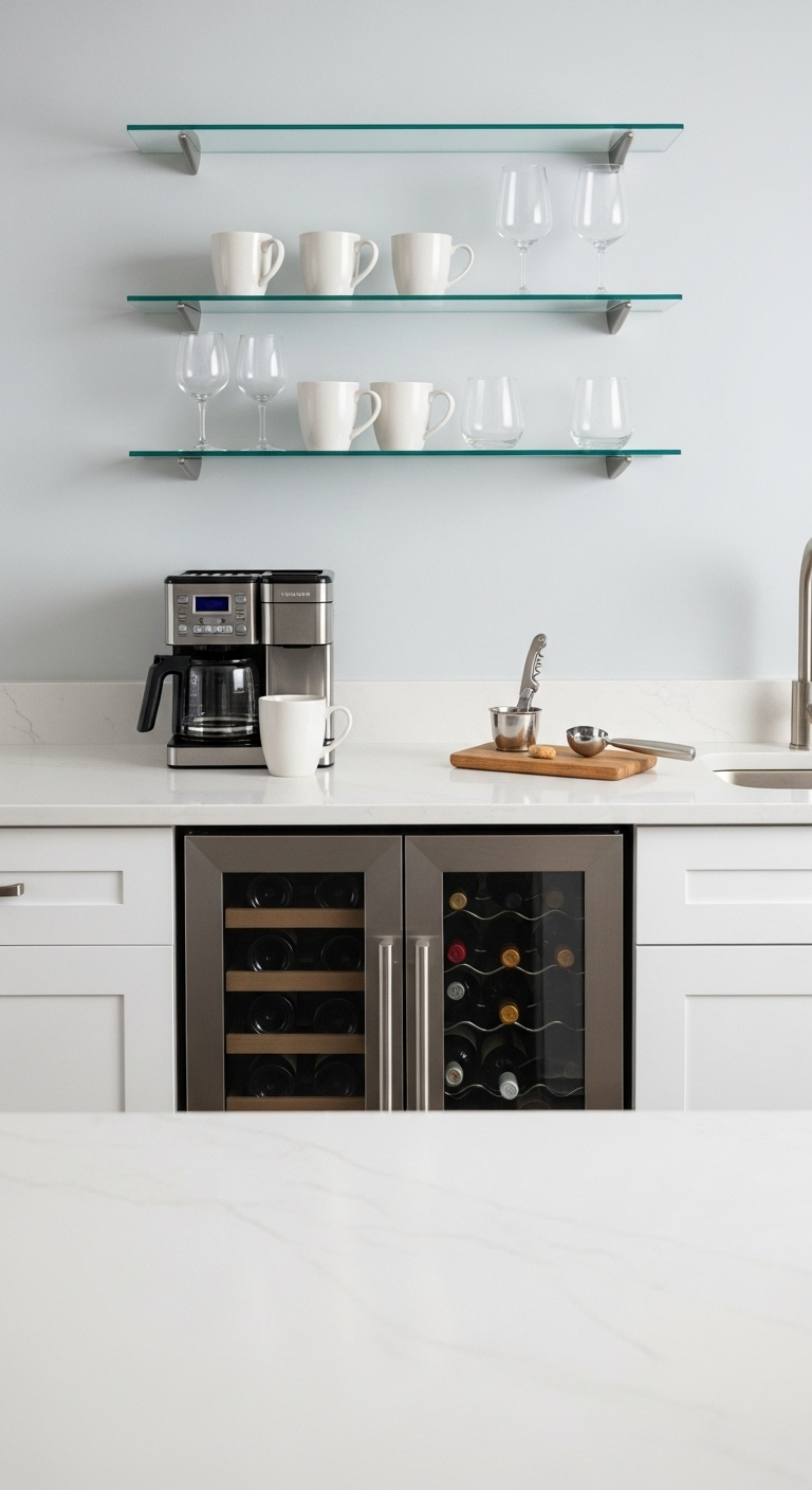 White kitchen coffee bar with shaker cabinets espresso machine and open shelves
