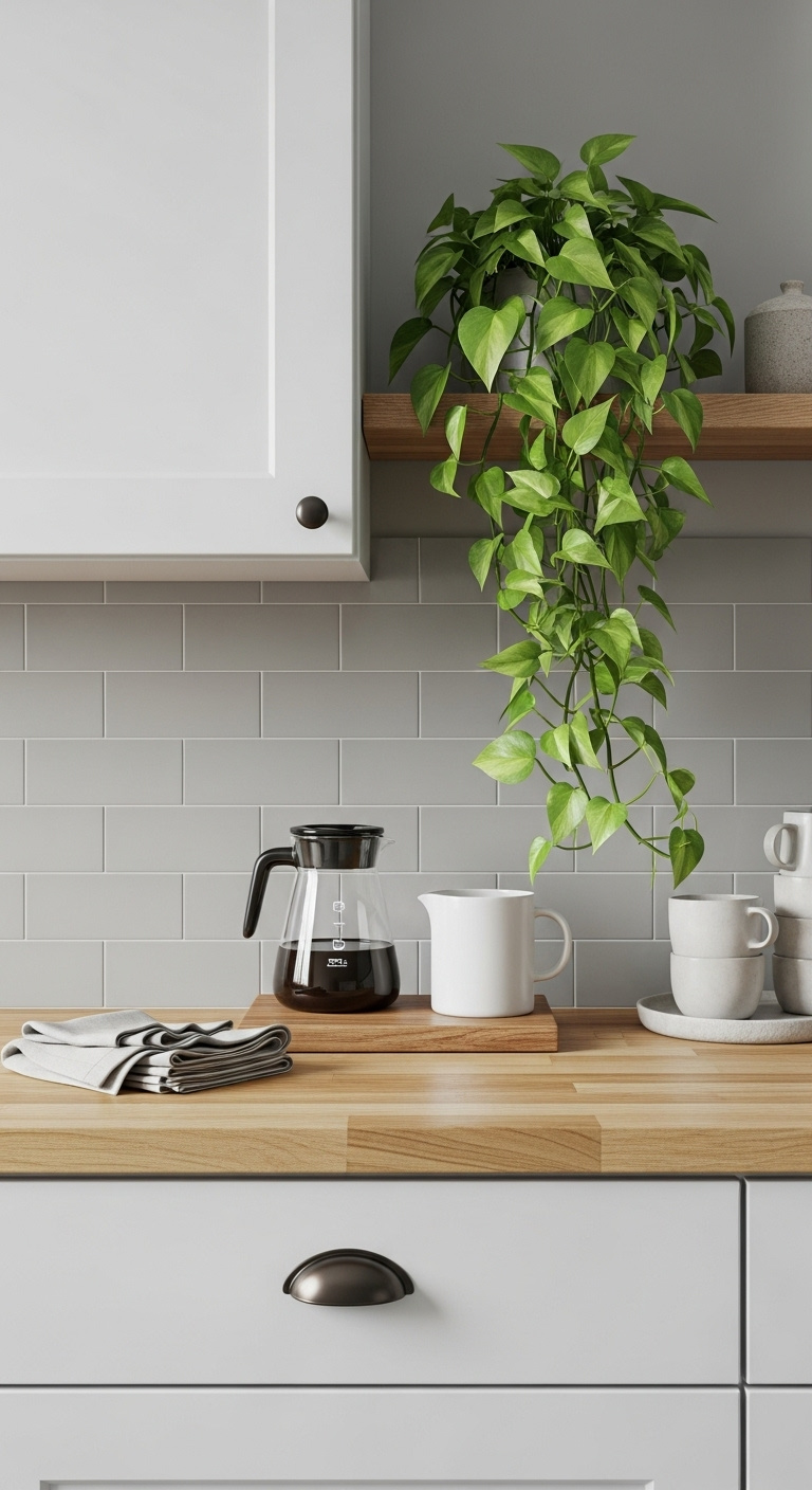 White kitchen coffee bar with shaker cabinets quartz countertop and espresso machine