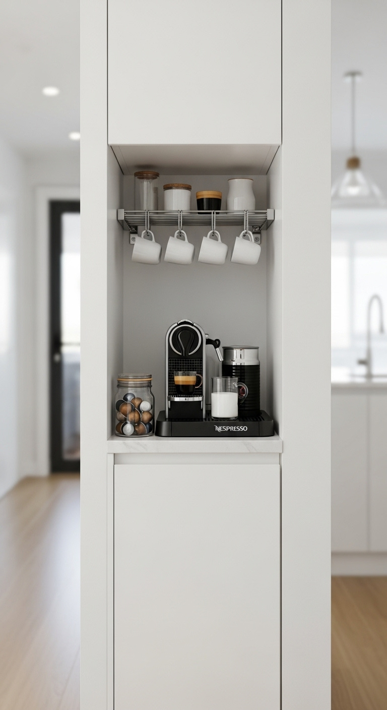 White kitchen coffee bar with shaker cabinets quartz countertop and espresso machine