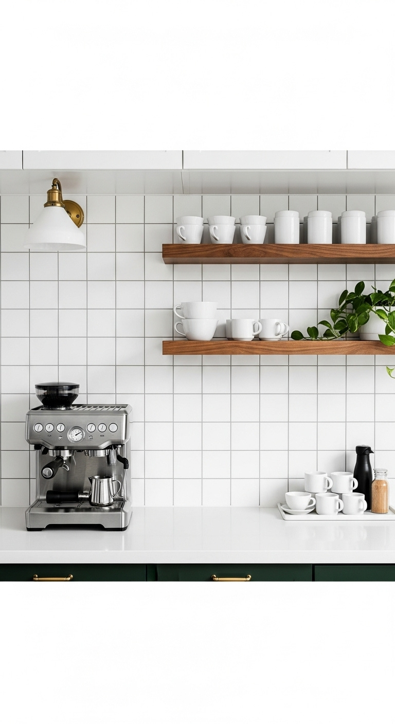 White kitchen coffee bar with shaker cabinets quartz countertop and espresso machine