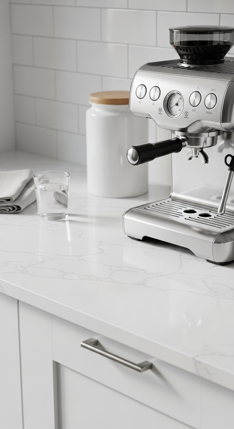 White kitchen coffee bar with shaker cabinets quartz countertop espresso machine and open oak shelves