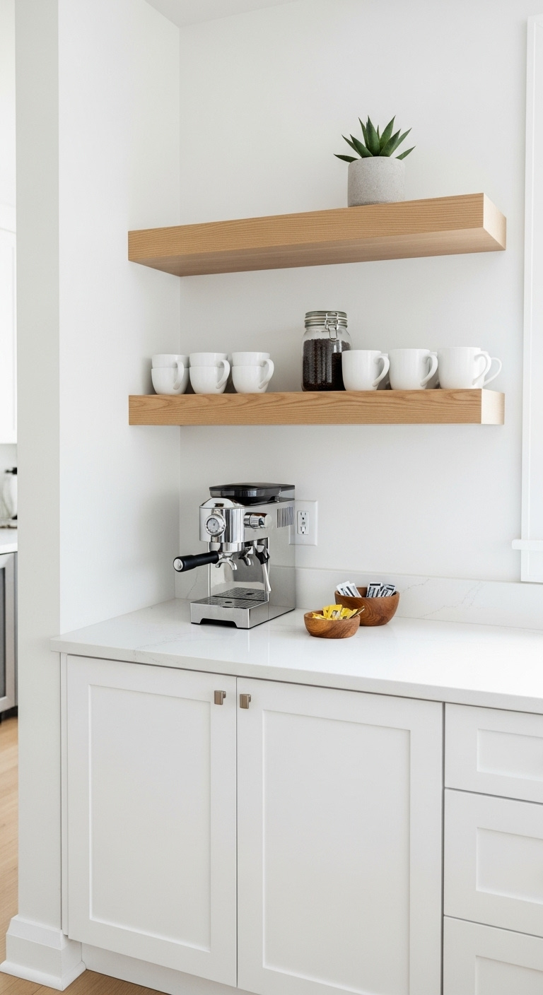 White kitchen coffee bar with shaker cabinets quartz countertop espresso machine and open oak shelves