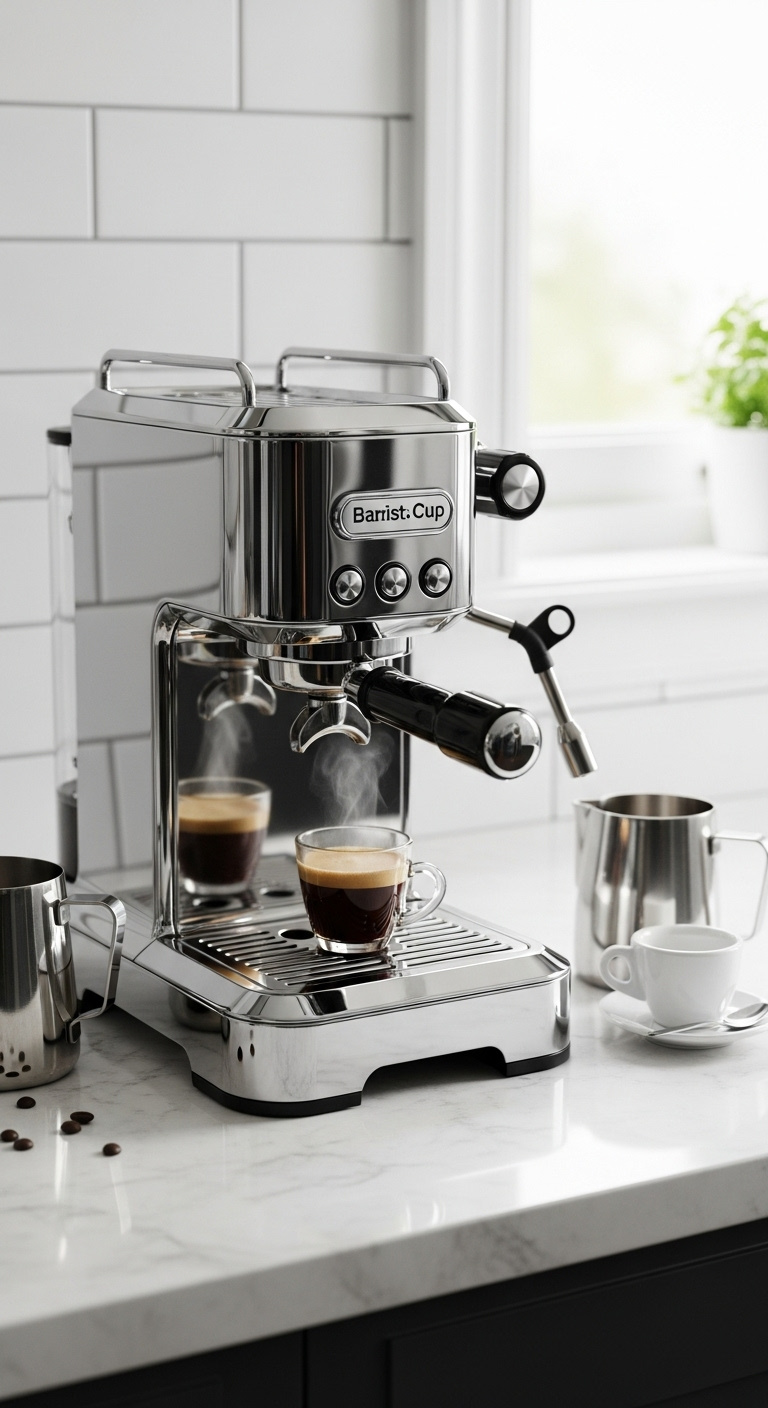 White kitchen coffee bar with shaker cabinets quartz countertop espresso machine and open shelves