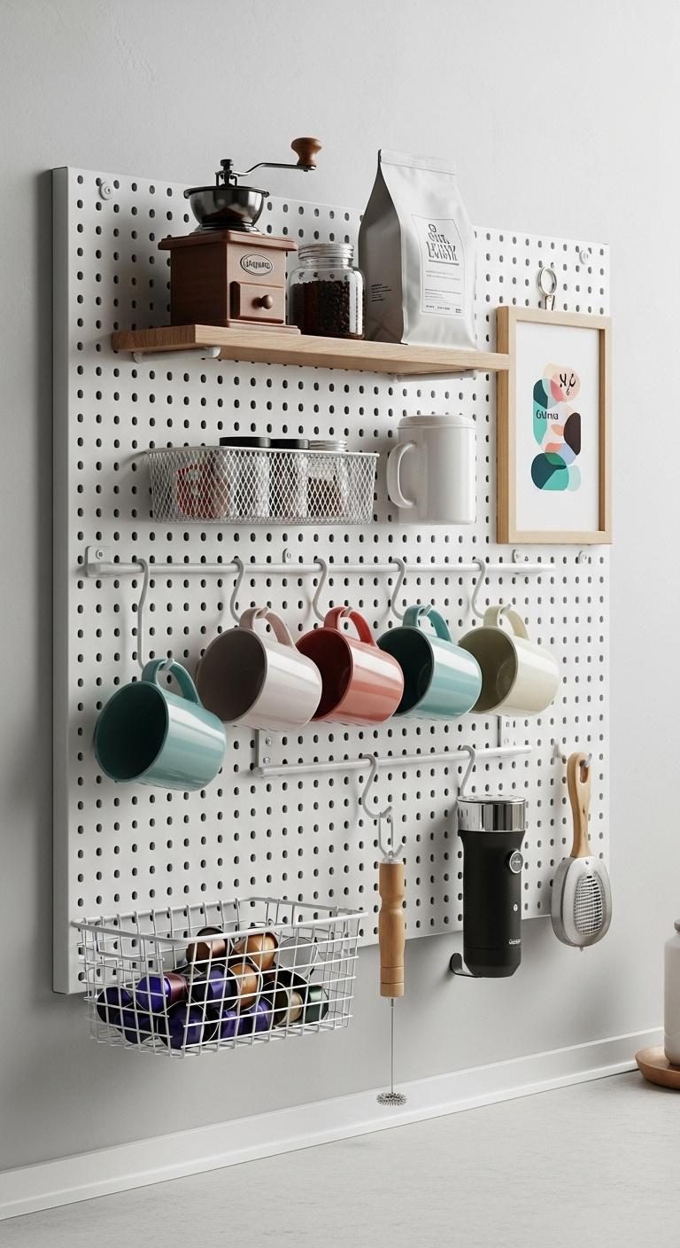 White metal pegboard coffee organizer on a light gray wall with a manual grinder colorful mugs coffee pods and frother