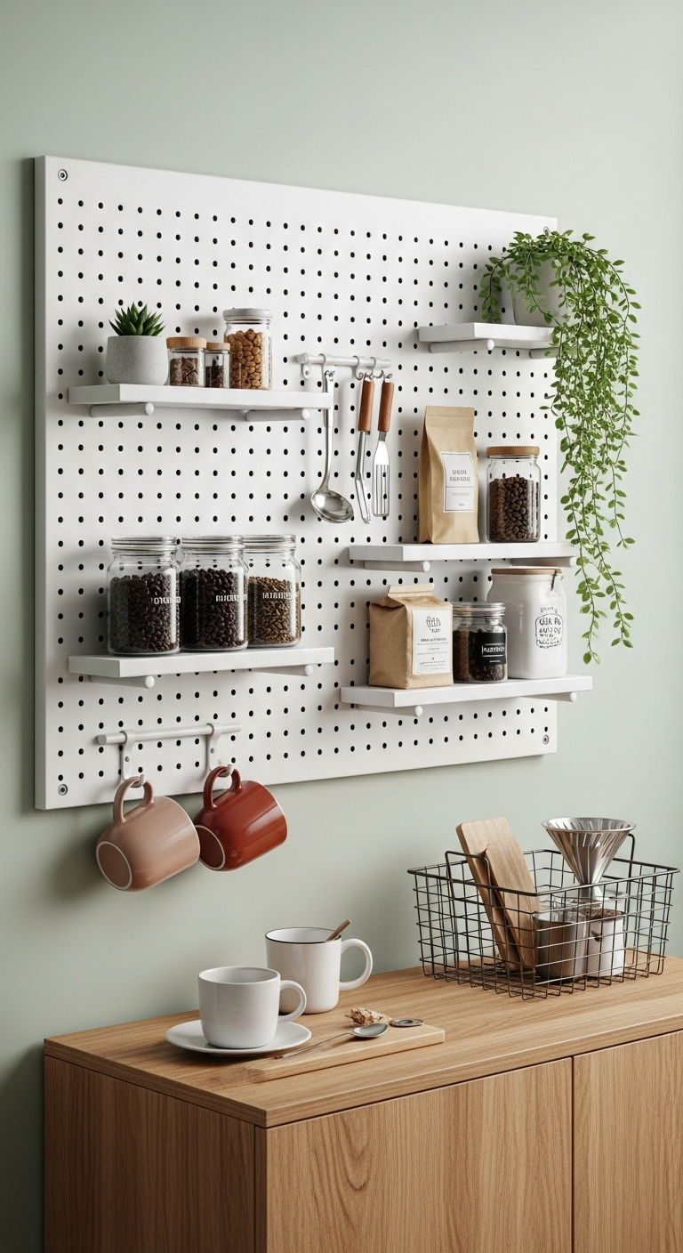 White pegboard coffee organizer on a wall above a cabinet with mugs jars of beans filters and a plant