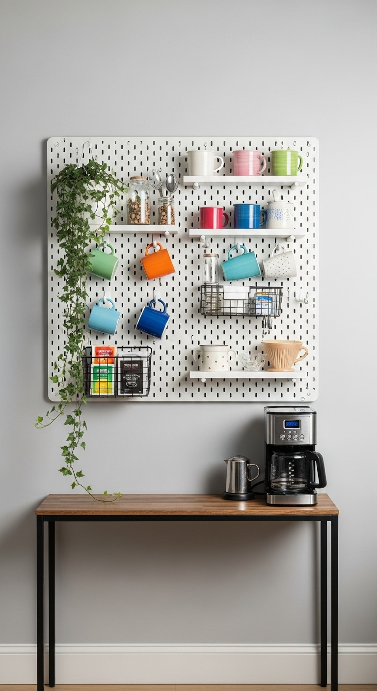 White pegboard mug wall above a narrow console table with colorful mugs tea bags and a coffee maker