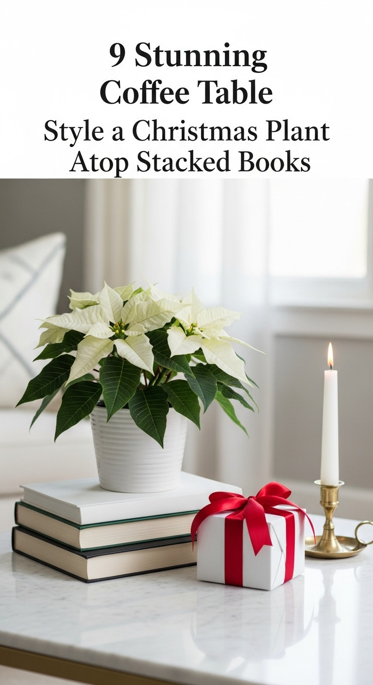 White poinsettia on stacked white books with a red ribbon gift and brass candlestick on a marble coffee table