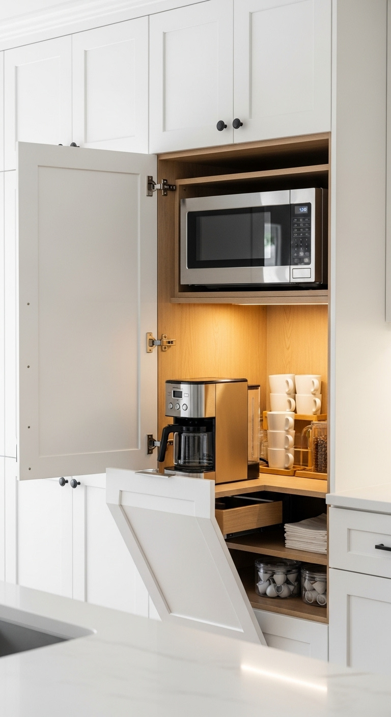 White raised-panel cabinet doors ajar revealing a hidden coffee station with coffee maker pull-out drawer mugs and microwave