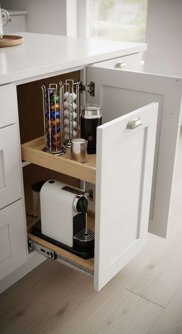 White shaker-style kitchen base cabinet with a wooden pull-out shelf extended holding a Nespresso machine and pods