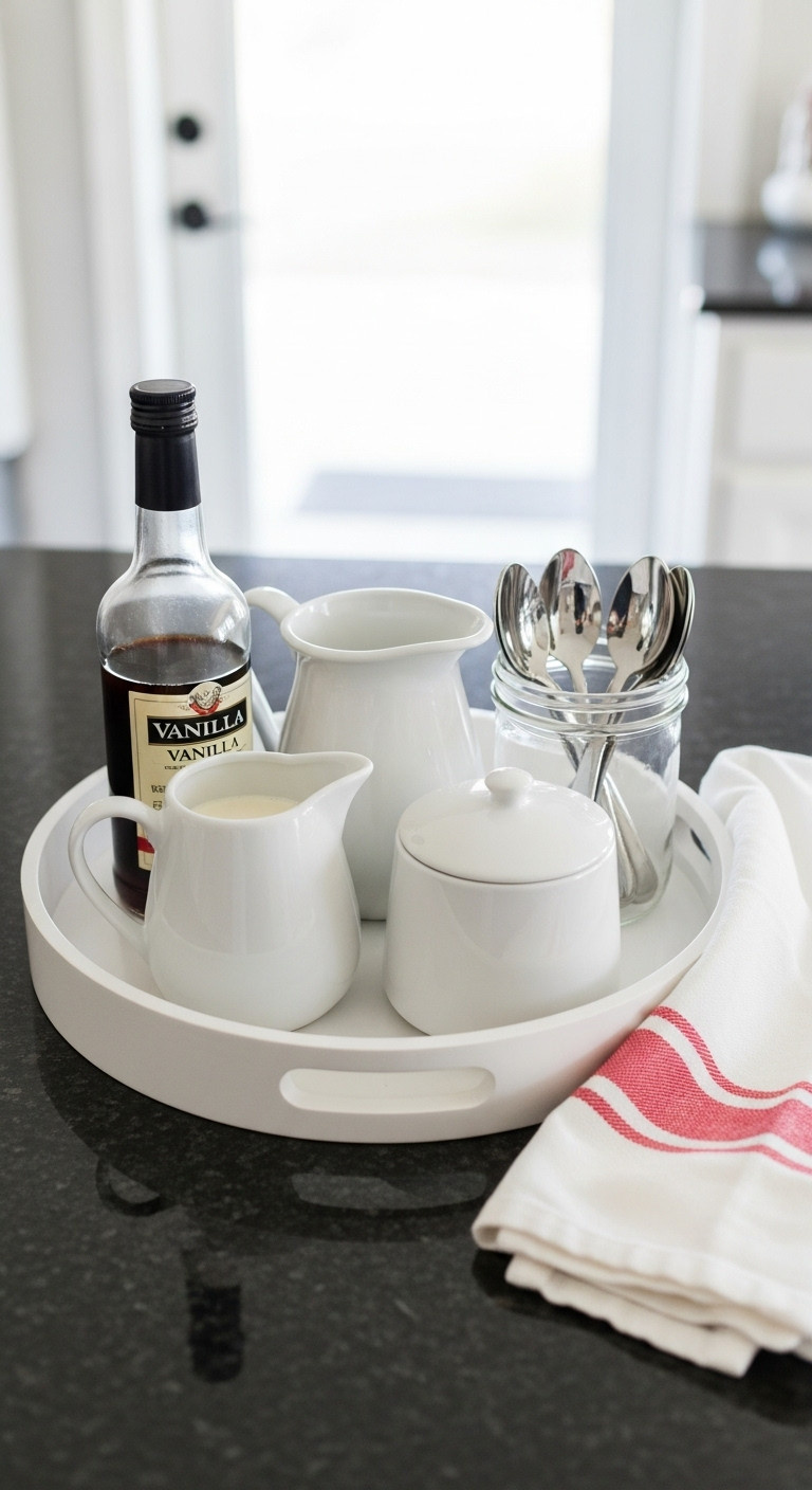 White tray organizing coffee essentials like vanilla syrup cream sugar and spoons on a dark granite countertop