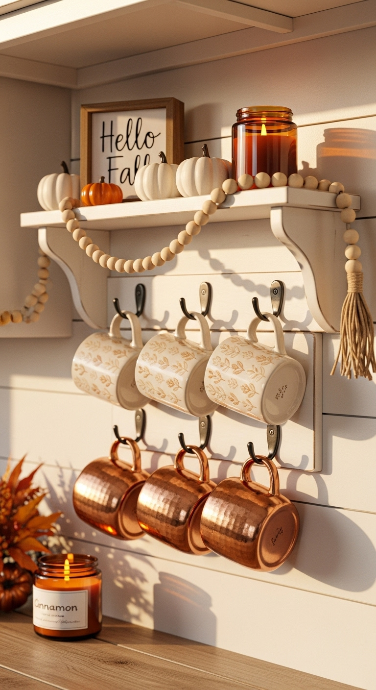 White wooden mug rack styled for Autumn with copper and cream mugs miniature pumpkins and a Hello Fall sign