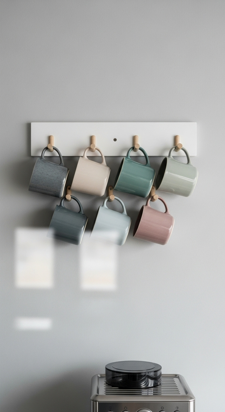White wooden peg rack displaying a charming collection of assorted ceramic mugs on a light gray wall