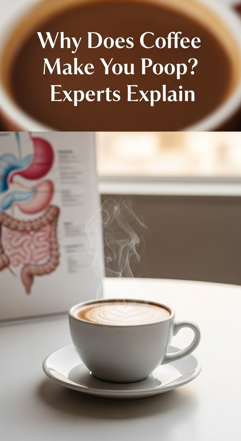 A detailed illustration explaining how can coffee make me poop, showing the digestive tract and the effects of coffee compounds.
