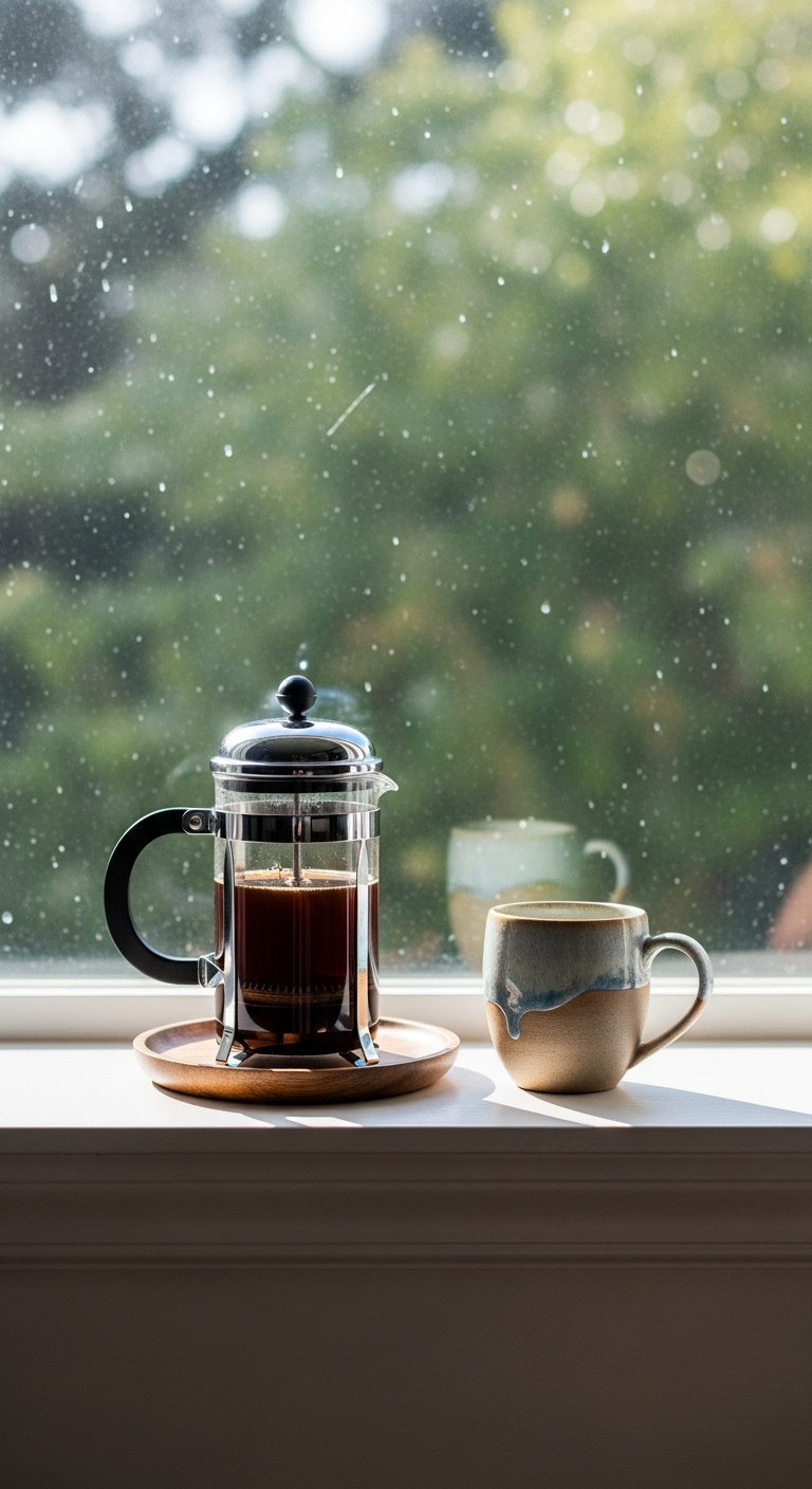 Window ledge coffee perch with glass French press wooden tray and artisan ceramic mug