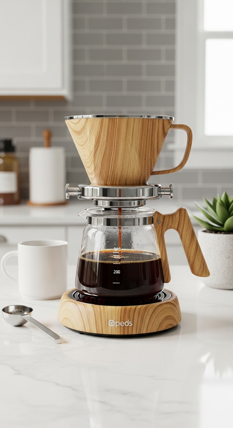 Wood-accented drip coffee machine brewing into glass carafe on white quartz countertop with gray subway tiles and succulent