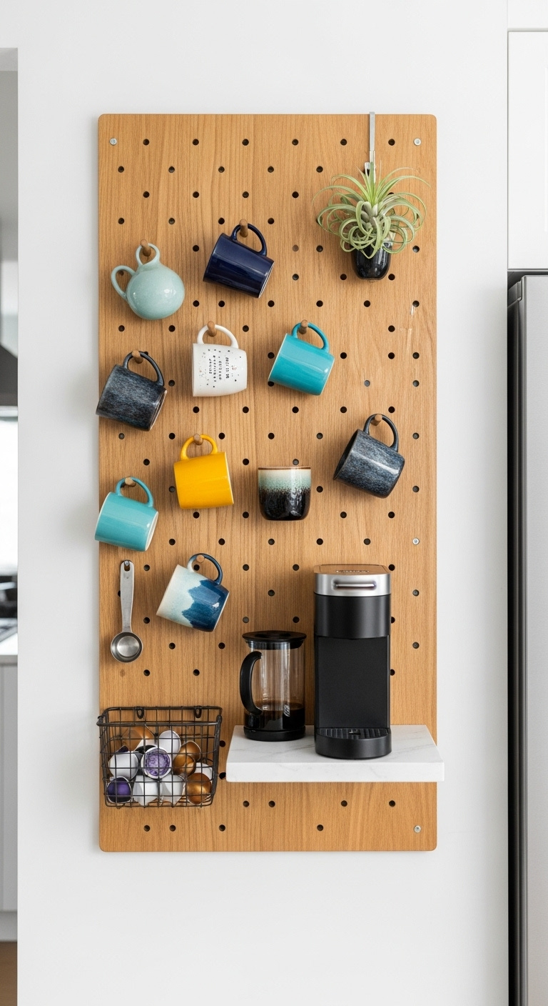 Wooden pegboard coffee station with single serve coffee maker colorful mugs and coffee pods between a refrigerator and doorway