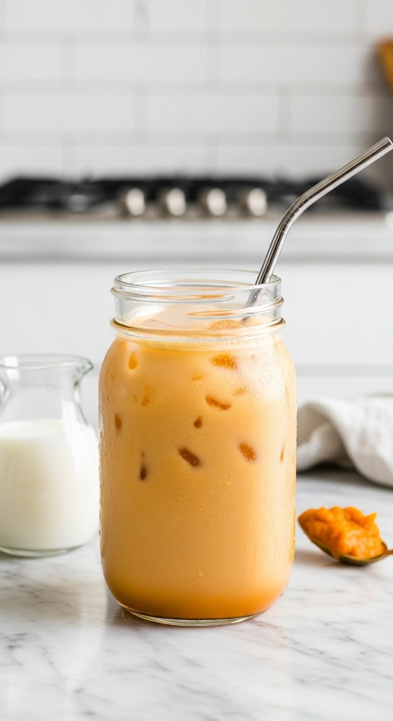 9 Delicious Pumpkin Coffee Ideas Beyond Basic Lattes 3 2 Minute Shaken Iced Pumpkin Latte in a mason jar with metal straw milk and pumpkin puree on a marble countertop