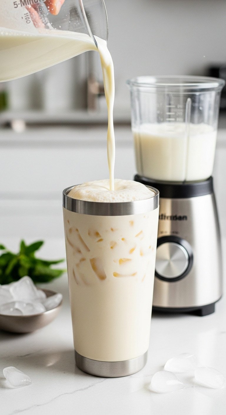 7 Easy Iced Coffee Recipe Pumpkin Spice Copycats to Try Now 5 5 Minute Blender Iced Latte in a travel tumbler with frothy blended coffee next to a personal blender ice cubes and milk on kitchen counter