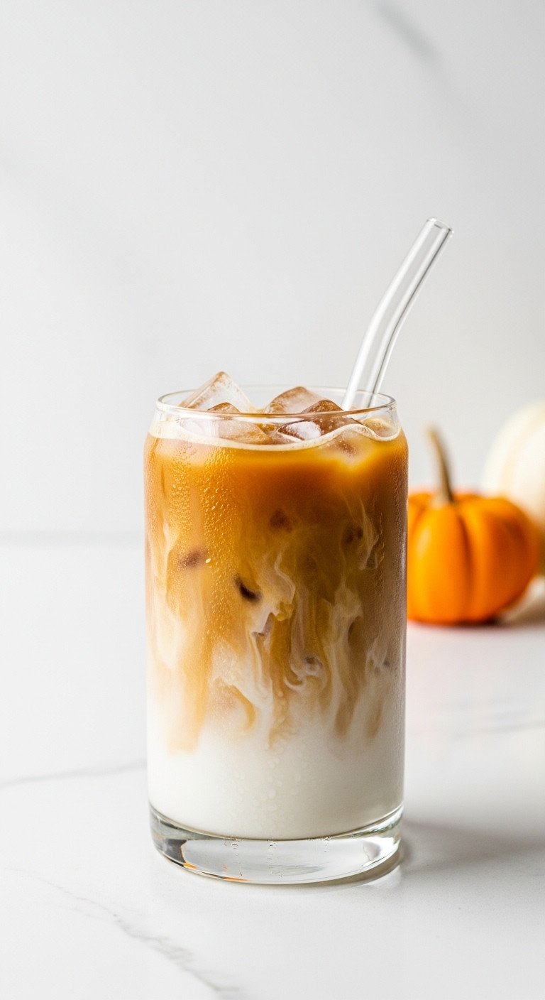 9 Cozy Pumpkin Coffee Fall Recipes Beyond Starbucks Lattes 11 5 Minute Iced Pumpkin Spice Latte in a modern glass tumbler with glass straw ice and creamy coffee on a white kitchen countertop with pumpkin