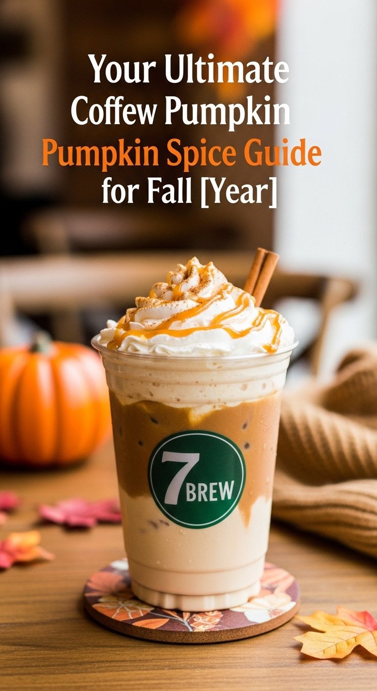7 Brew Pumpkin Spice Blondie in a clear cup with whipped cream, caramel, and fall spices on a rustic table in a cozy autumn cafe.