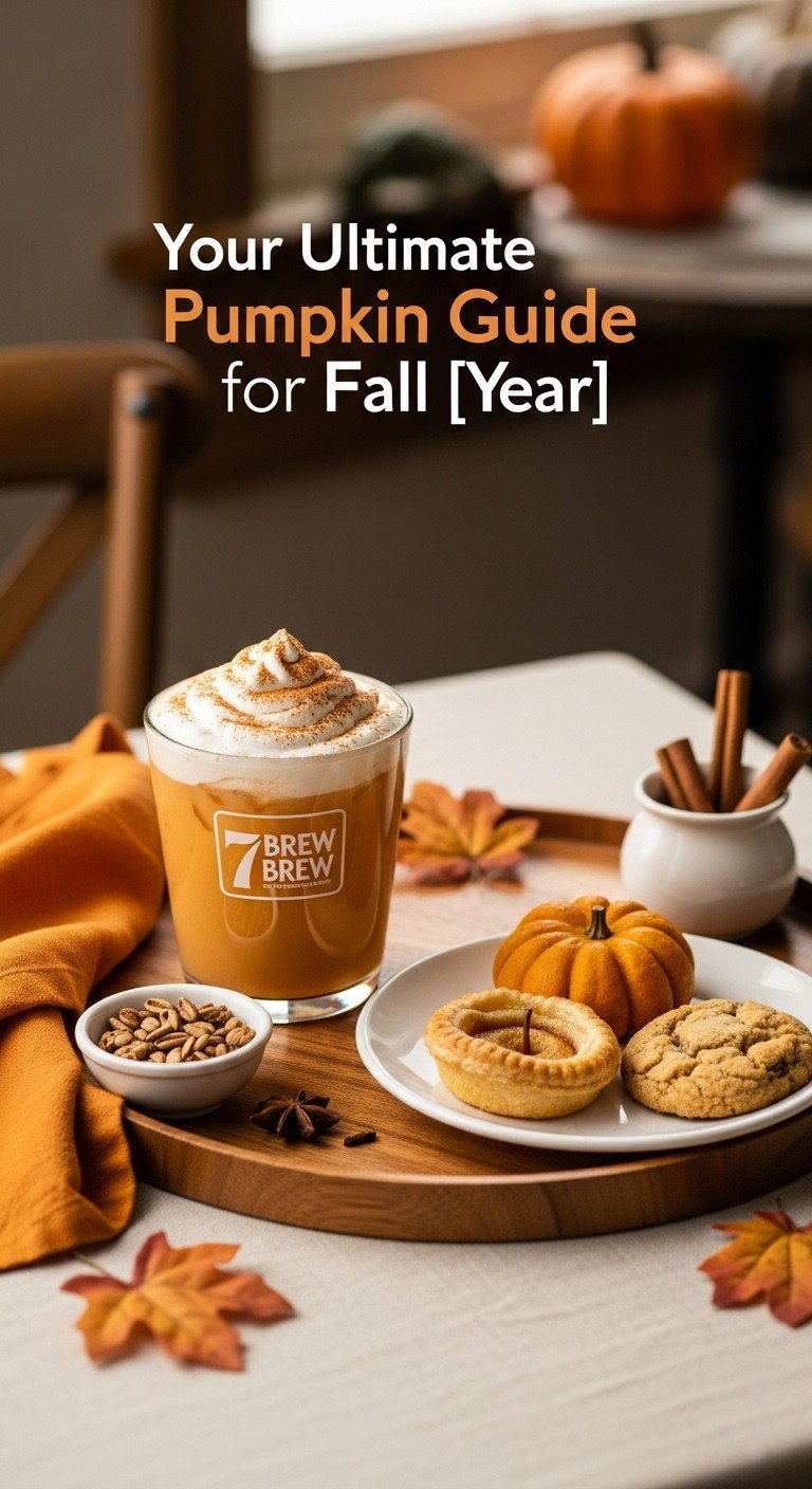 7 Brew pumpkin coffee with fall pastries, cinnamon sticks, and autumn leaves on a wooden tray in a cozy cafe setting.