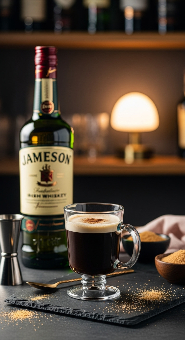 A classic Kahlua Irish coffee on a dark slate surface with a bottle of Irish whiskey in a dimly lit bar setting