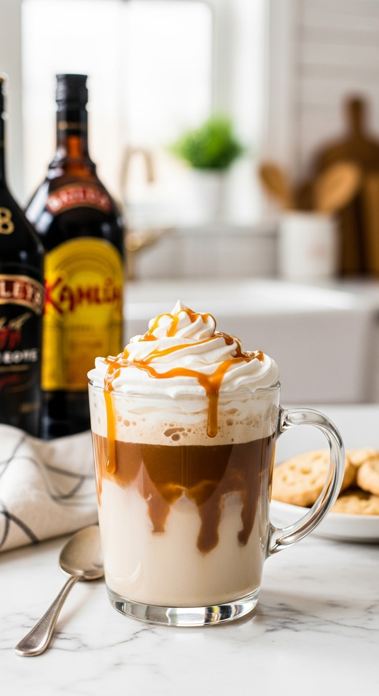 A cozy mug of Kahlua and Baileys coffee topped with whipped cream and caramel drizzle on a marble countertop