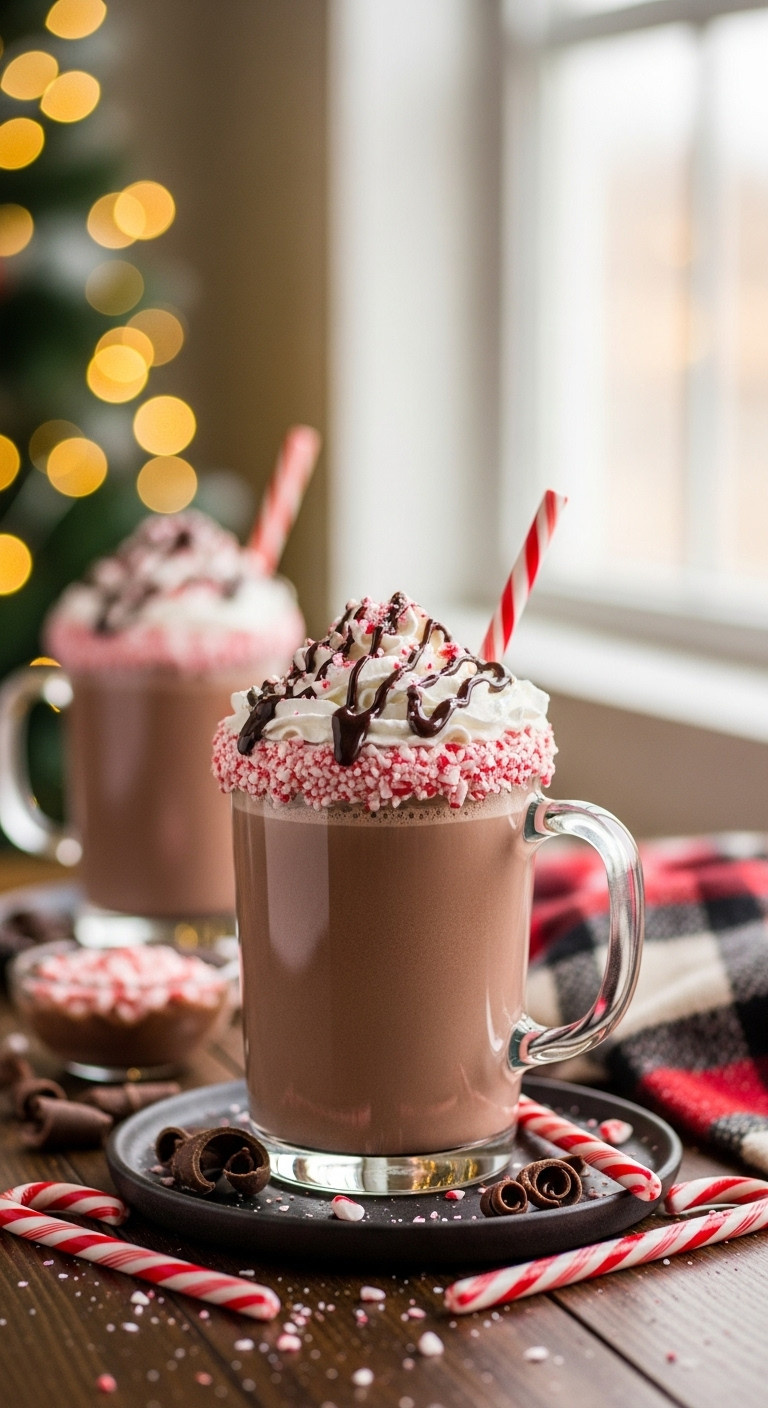 A festive glass mug of peppermint mocha coffee punch topped with whipped cream chocolate sauce and crushed peppermint