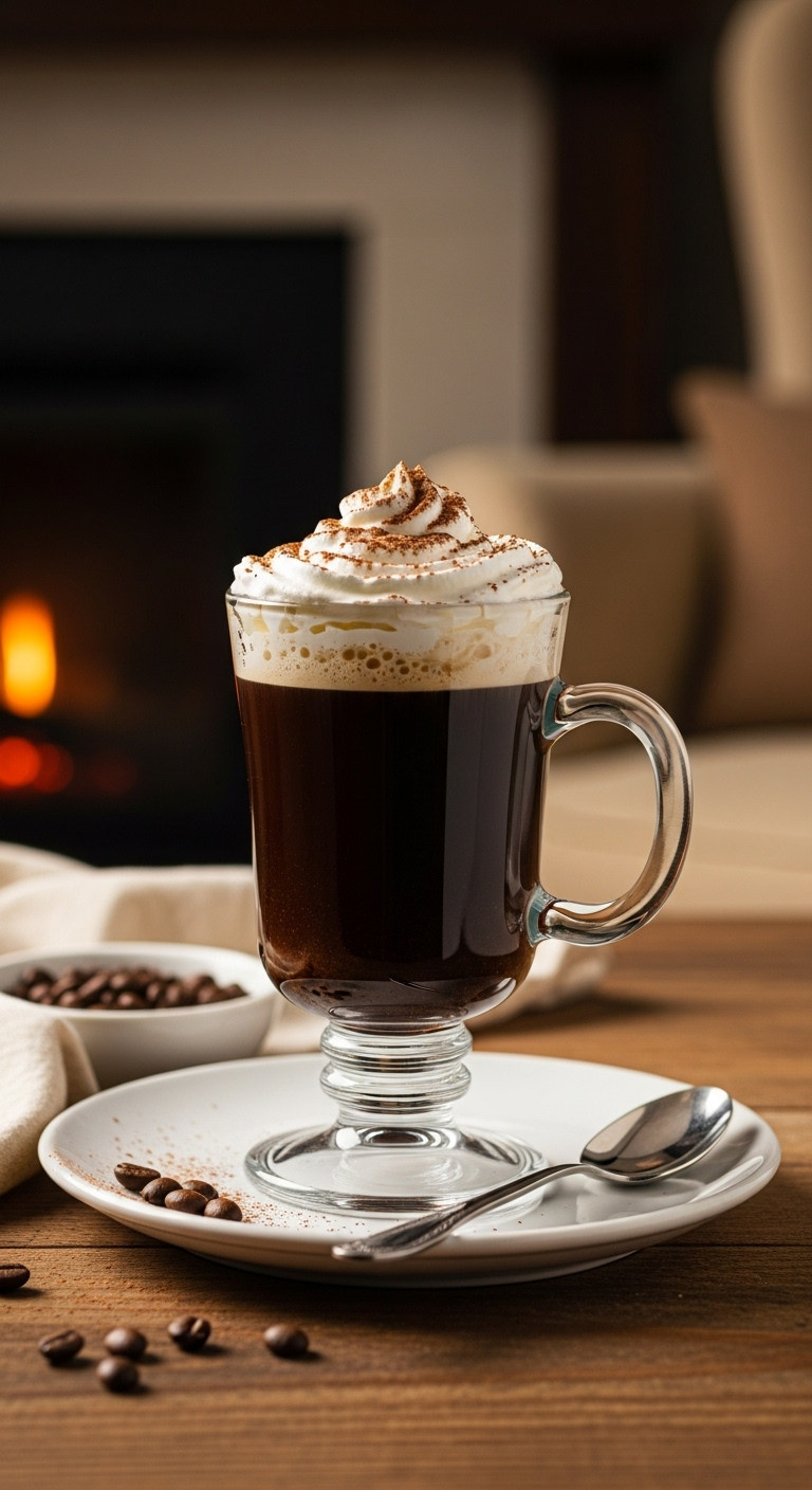 A perfect Kahlua Irish coffee in a glass mug topped with whipped cream sitting on a rustic wooden table by a cozy fireplace