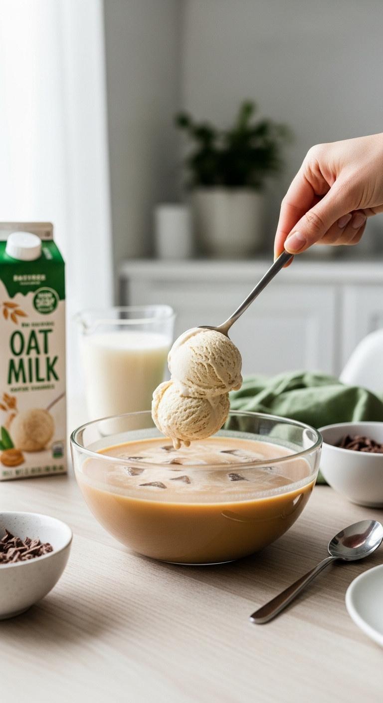 A scoop of plant based vanilla ice cream being added to a bowl of dairy free coffee punch