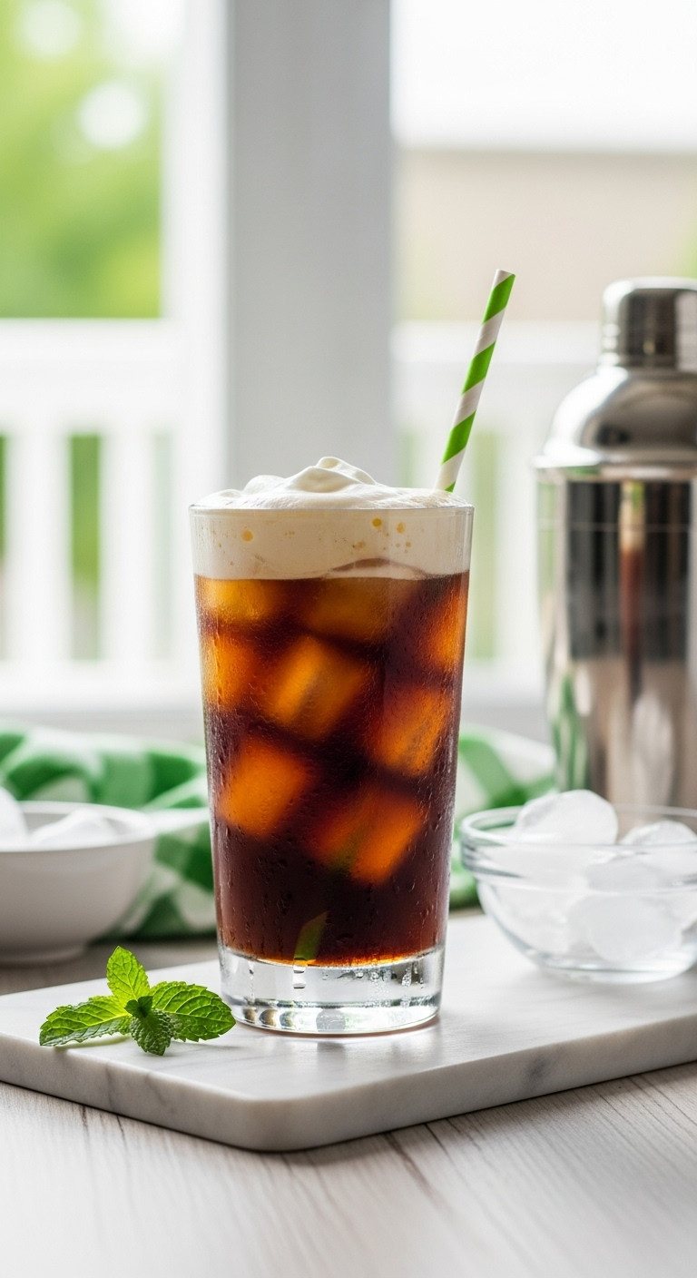 A tall glass of iced Kahlua Irish coffee with a cold cream top and striped straw on a sunny porch