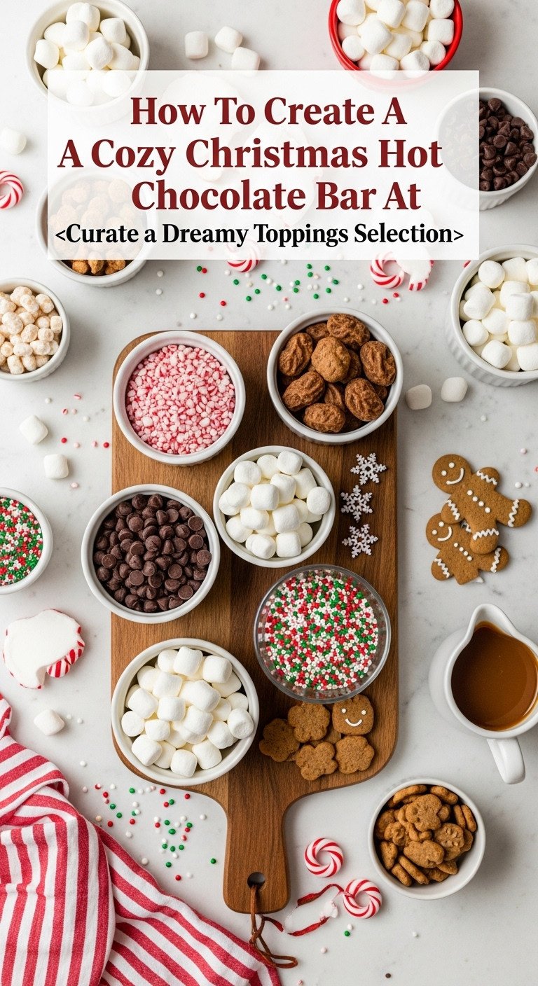 Abundant hot chocolate toppings in glass and ceramic bowls on a wooden board including marshmallows peppermint chocolate chips and sprinkles