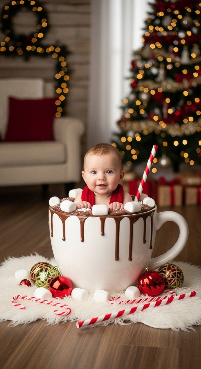 Adorable baby in a giant hot cocoa mug with marshmallows, set against a festive Christmas tree backdrop. Cozy holiday photoshoot.