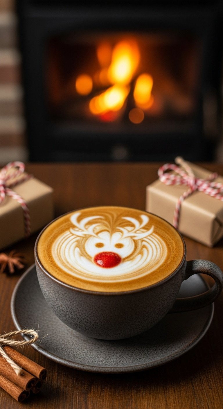 Adorable reindeer latte art in a rustic mug on dark wood with cinnamon sticks and gifts. Festive coffee.