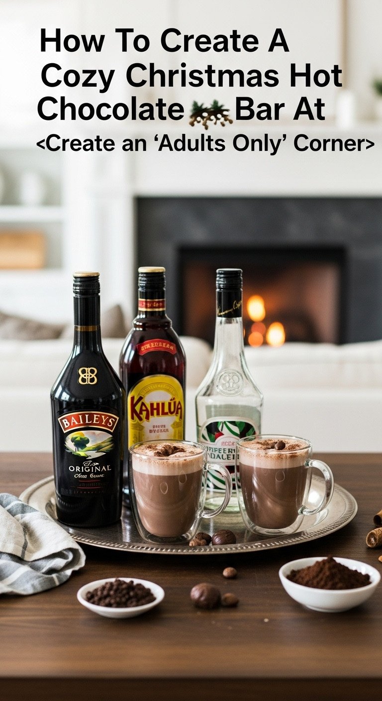 Adults-only hot chocolate bar corner with Baileys Kahlua peppermint liqueur and spiked hot chocolate in glass mugs on a silver tray