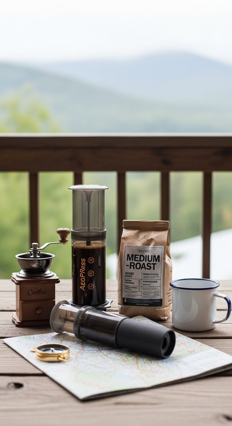 AeroPress coffee maker manual burr grinder medium roast beans and enamel mug on a rustic wooden porch overlooking a natural landscape