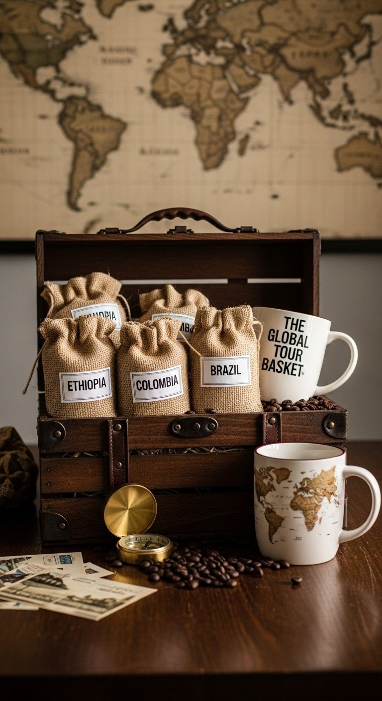 Antique wooden crate with four burlap sacks of single-origin coffee beans and a world map mug on dark table with blurred vintage map