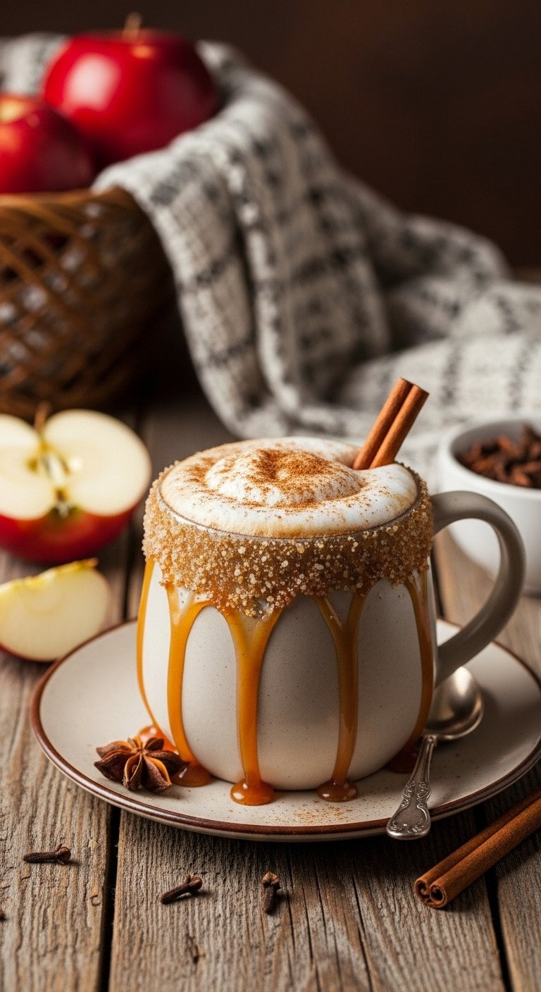 Apple Cinnamon Latte in a wide mug with frothed milk cinnamon and cinnamon stick on a barn wood table with a woven blanket