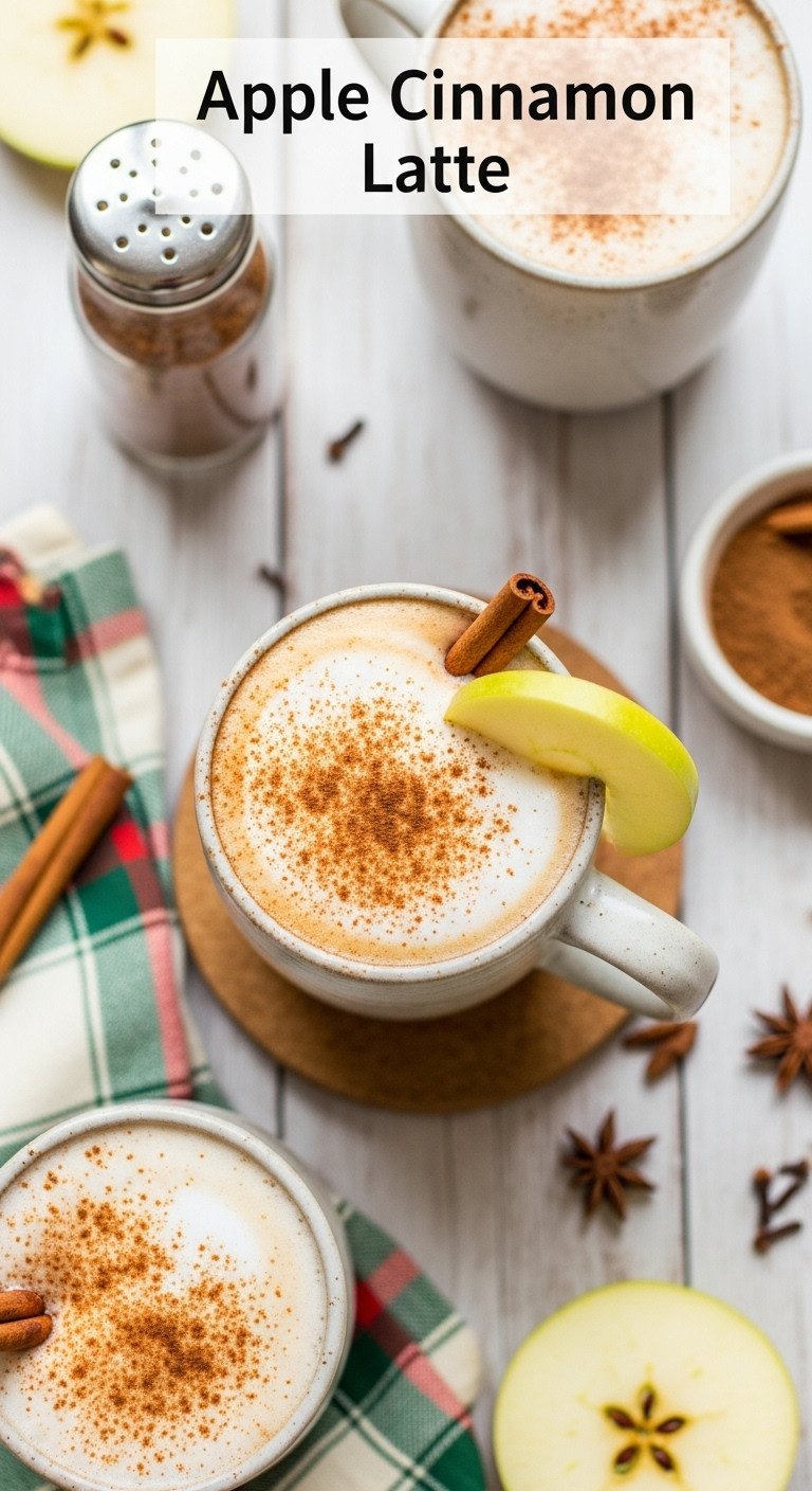 Apple Cinnamon Latte in an oversized mug with cinnamon stick and apple slice on a wooden surface with a plaid napkin